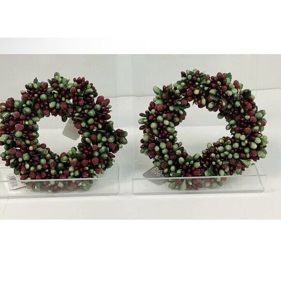 Lot of 2 Raz Imports Frosted Berry Mini Wreath Candle Rings 6.5" Green Red NWT - Picture 1 of 3